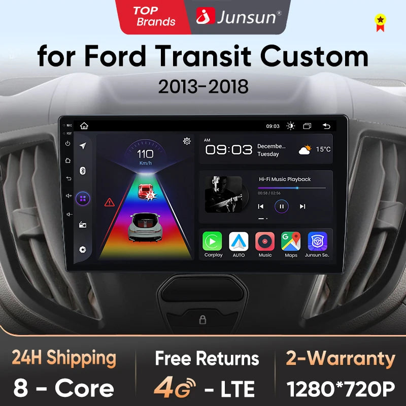 SXAUTO ¦ 8G+256G ¦ Android 14 IPS Autoradio Per Ford Tourneo Transit Custom (2013-2021) - Senza fili Carplay & Android Auto - LED Camera + MIC - DAB Fast-boot Volante 360-CAM DSP
