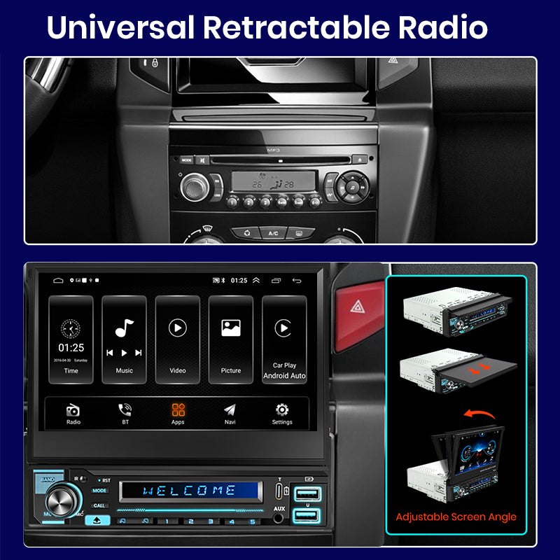 Junsun Bezprzewodowy Carplay Android Auto 7" Wysuwany Ekran Dotykowy Uniwersalne Radio 1 Din Składany Odtwarzacz Multimedialny GPS Autorad