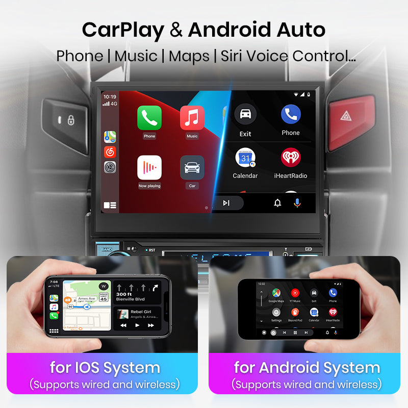 Junsun Wireless Carplay Android Auto 7 "Einziehbarer Touchscreen Universalradio 1 Din Foldden Auto Multimedia Player GPS Autorad