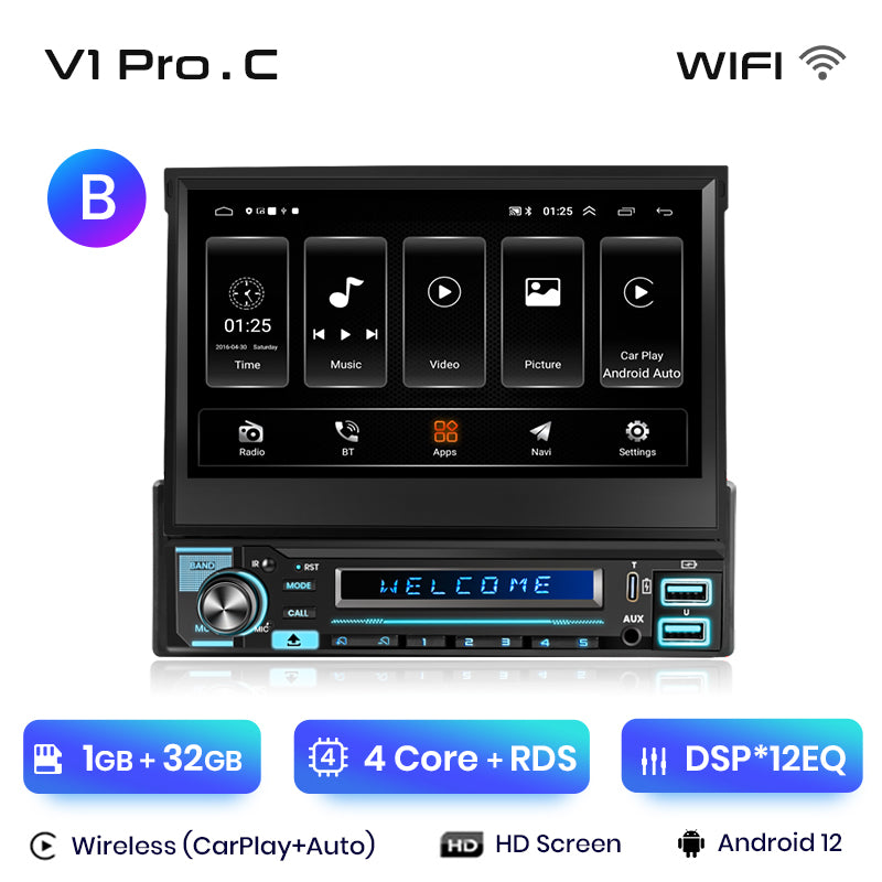 Junsun Wireless Carplay Android Auto 7 "Einziehbarer Touchscreen Universalradio 1 Din Foldden Auto Multimedia Player GPS Autorad