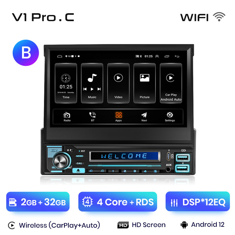 Junsun Bezprzewodowy Carplay Android Auto 7" Wysuwany Ekran Dotykowy Uniwersalne Radio 1 Din Składany Odtwarzacz Multimedialny GPS Autorad