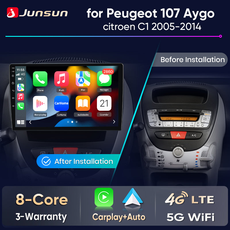 Junsun Wireless CarPlay Car Radio For Peugeot 107 Toyota Aygo Citroen C1 2005 2006-2014 Android Multimedia - Junsun Official Store