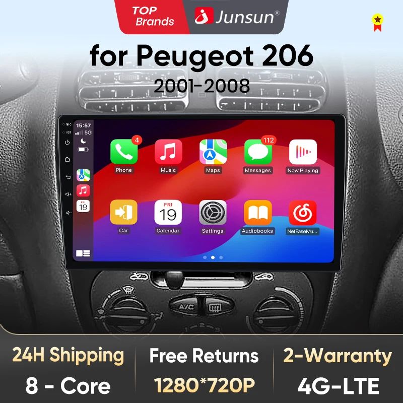 Junsun AI voice 4G LTE wireless CarPlay Android Auto Radio For Peugeot 206 206CC 206SW 2001-2008 Car Intelligent Systems Multimedia player Stereo RDS BT 2 din autoradio GPS Navi screen