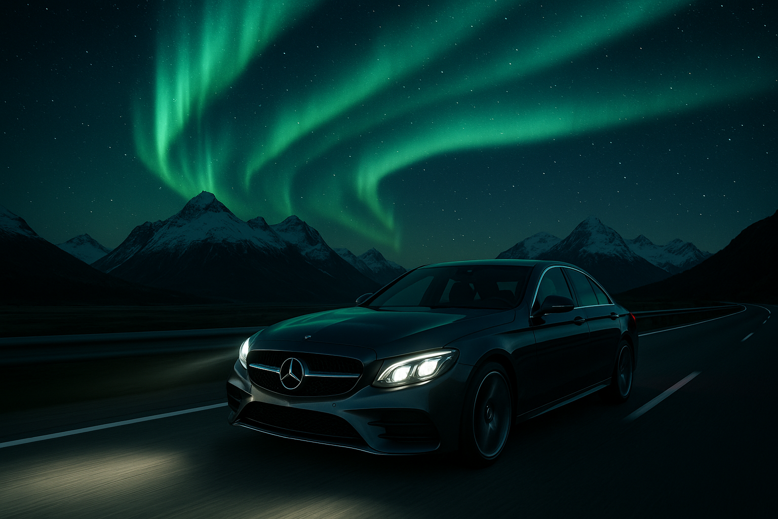 一辆奔驰的汽车行驶在公路上，背景是雪山，夜空中有极光，画面中汽车展示在画面偏右侧