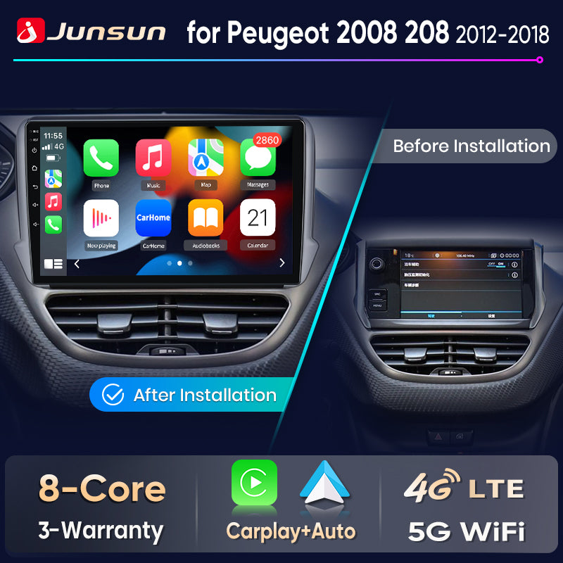 Junsun Wireless CarPlay Car Radio For Peugeot 2008 208 2012 2013 2014-2018 Android Multimedia
