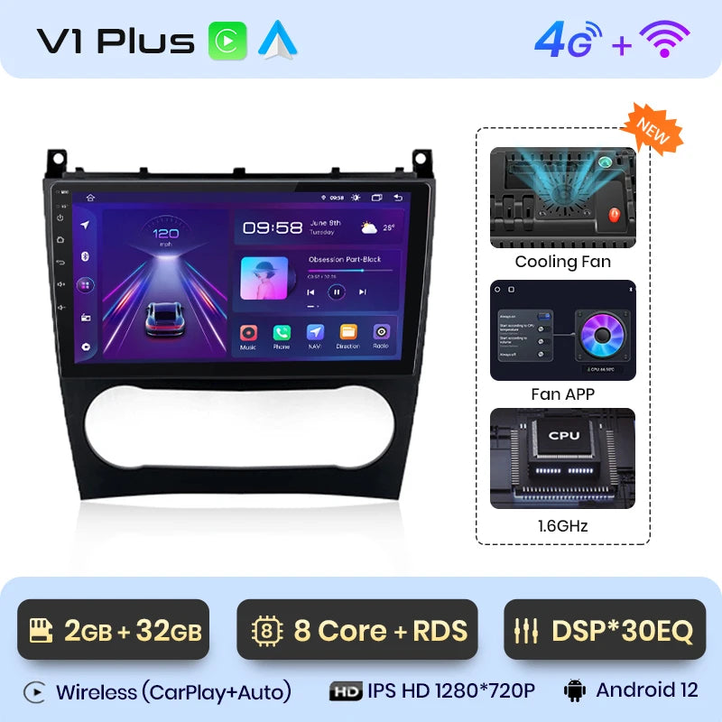 Junsun V1 AI Voice Wireless CarPlay Android Auto Radio for Benz C Class W203 2005-2009 Car Multimedia GPS 2din autoradio