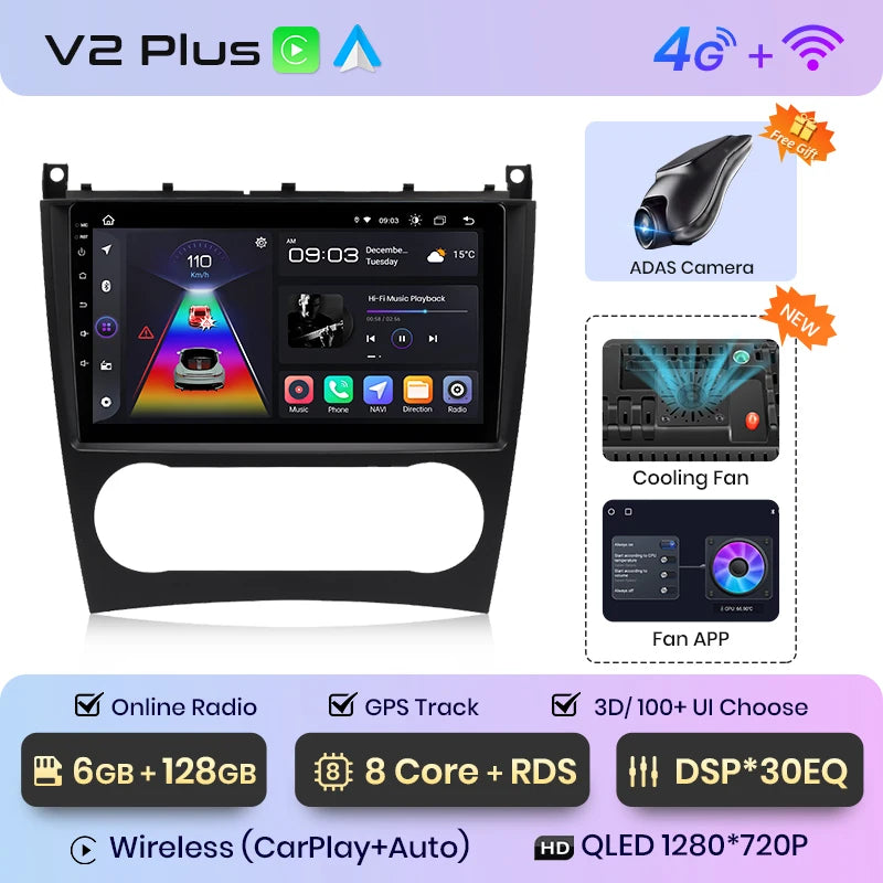 Junsun V1 AI Voice Wireless CarPlay Android Auto Radio for Benz C Class W203 2005-2009 Car Multimedia GPS 2din autoradio
