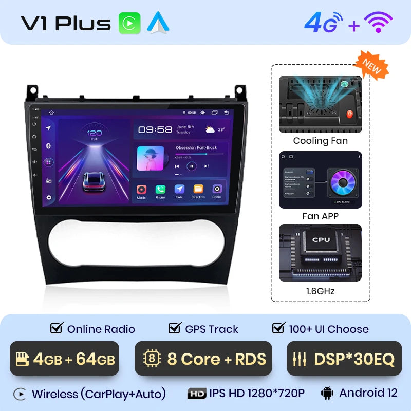 Junsun V1 AI Voice Wireless CarPlay Android Auto Radio for Benz C Class W203 2005-2009 Car Multimedia GPS 2din autoradio