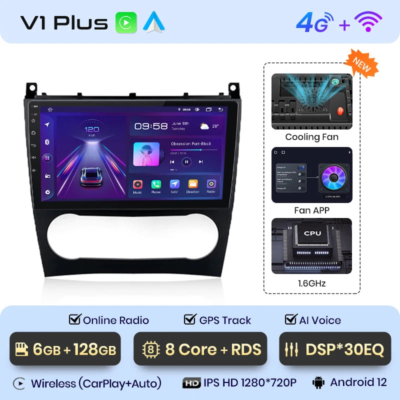 Junsun V1 AI Voice Wireless CarPlay Android Auto Radio for Benz C Class W203 2005-2009 Car Multimedia GPS 2din autoradio