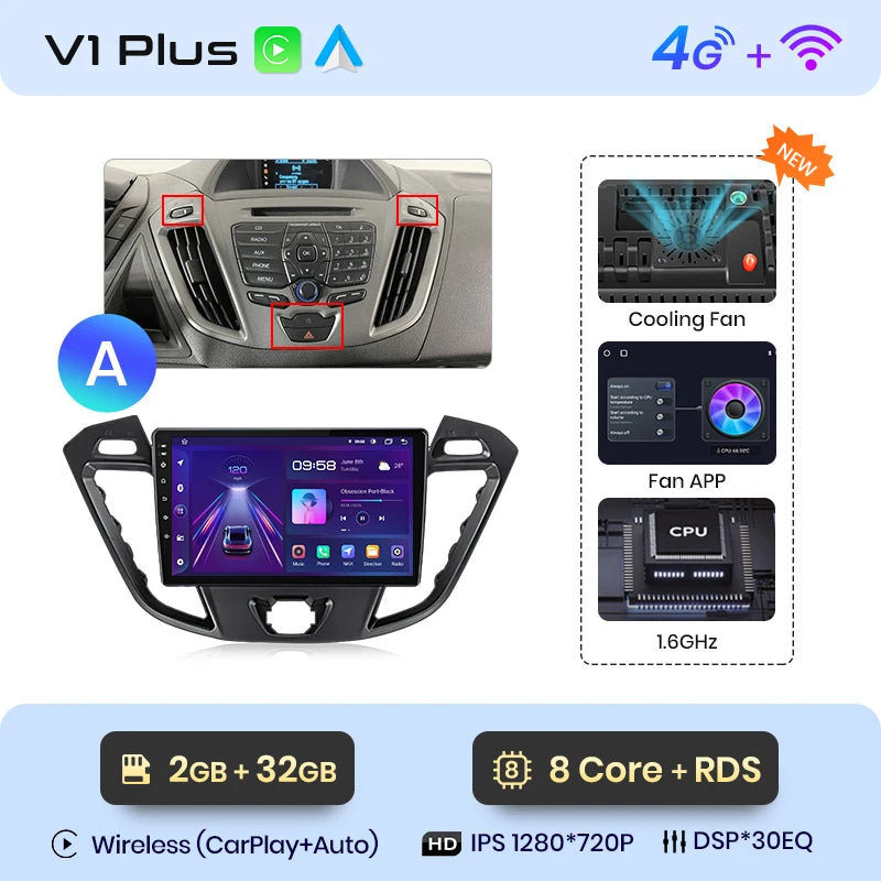 Junsun V1 Wireless CarPlay Android Auto Radio For Ford Transit Custom Tourneo 2013-2021 4G Car Multimedia GPS 2din autoradio