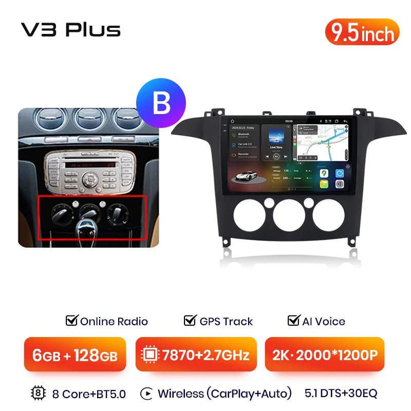 Junsun V3 Plus 2K Android 13 Wireless CarPlay Android Auto Car Intelligent Systems  For Ford S-Max S max 2007 - 2015 Autoradio