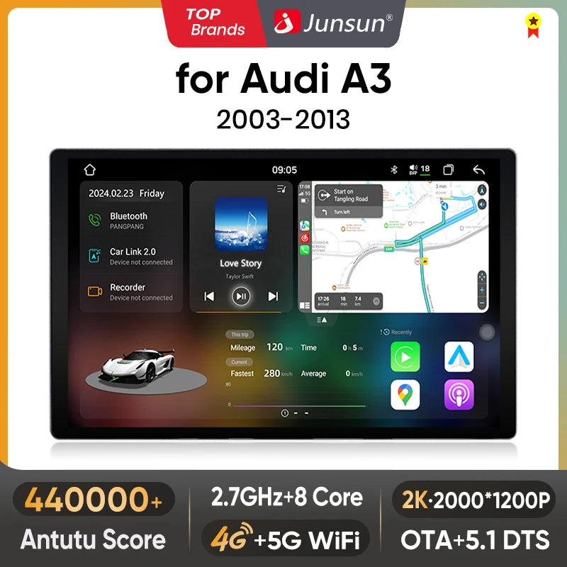 Junsun V3 Plus 2K Android 13 Wireless CarPlay Android Auto Car Intelligent Systems for Audi A3 8P 2003 - 2013 7870 Autoradio