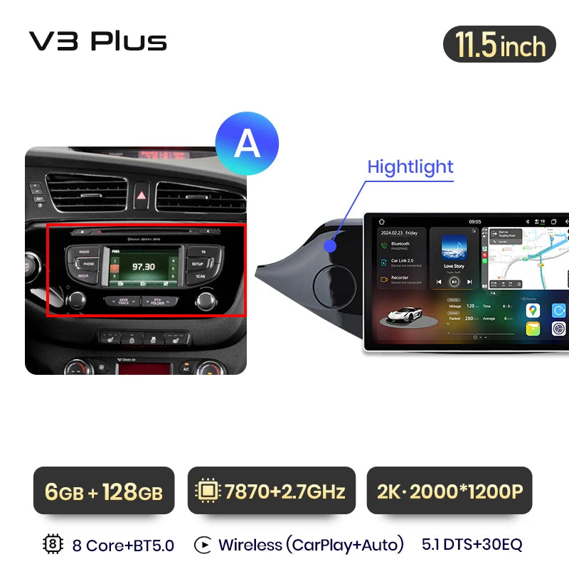 Junsun V3 Plus 2K Android 13 CarPlay inalámbrico Android Auto Sistemas inteligentes para KIA CEED JD Cee'd 2012-2018 Autoradio 