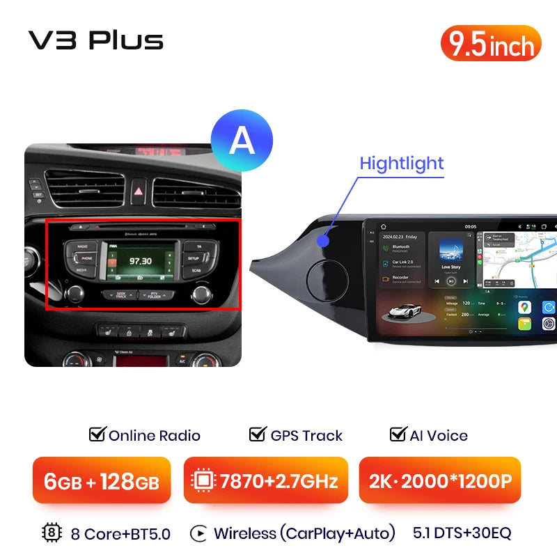 Junsun V3 Plus 2K Android 13 CarPlay inalámbrico Android Auto Sistemas inteligentes para KIA CEED JD Cee'd 2012-2018 Autoradio 