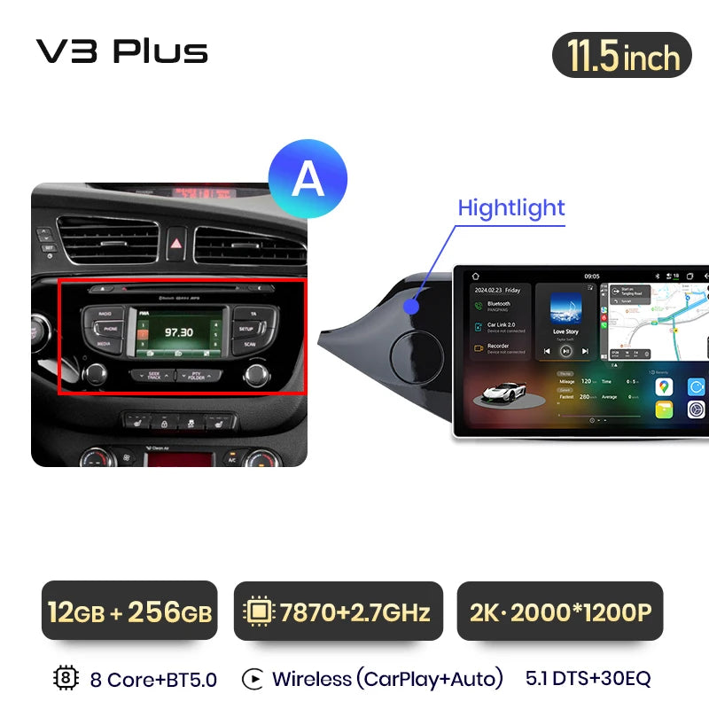 Junsun V3 Plus 2K Android 13 CarPlay inalámbrico Android Auto Sistemas inteligentes para KIA CEED JD Cee'd 2012-2018 Autoradio 