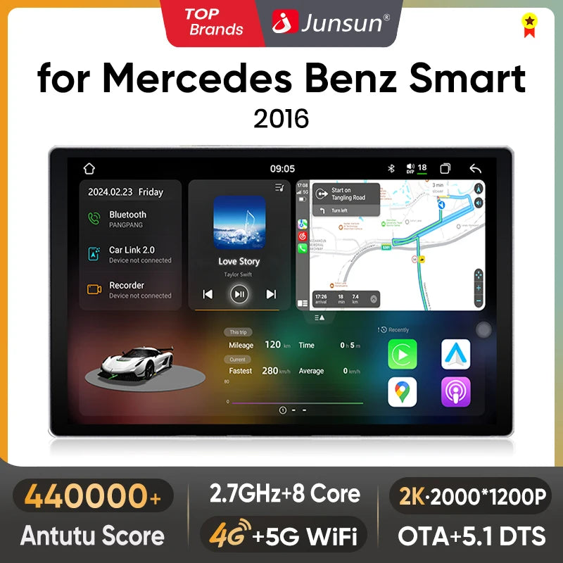 Junsun V3 Plus 2K Android 13 Wireless CarPlay Android Auto Car Intelligent Systems for Mercedes Benz Smart 2016 Autoradio