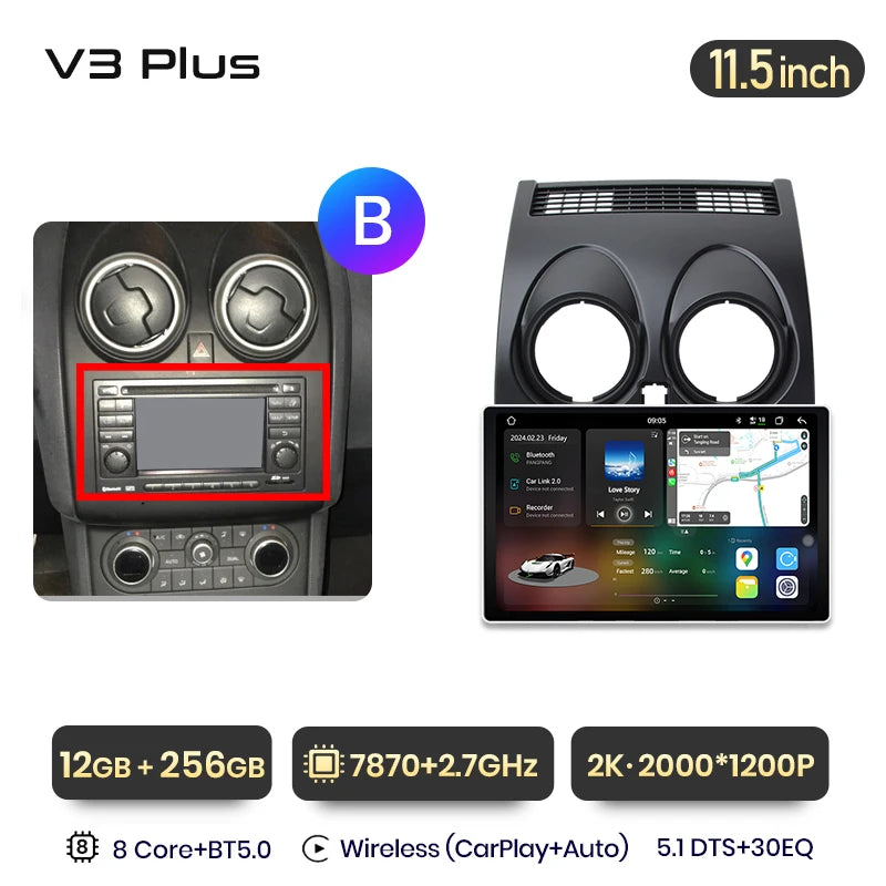 Junsun V3 Plus 2K Android 13 Wireless CarPlay Android Auto Car Intelligent Systems for Nissan Qashqai J10 2006 - 2013 Autoradio