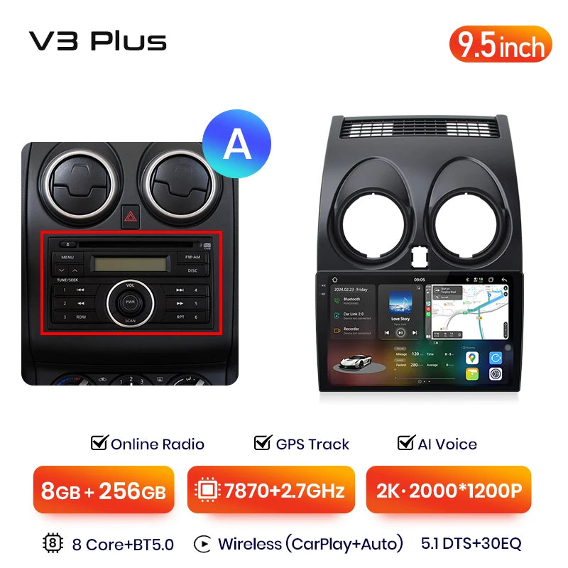 Junsun V3 Plus 2K Android 13 Wireless CarPlay Android Auto Car Intelligent Systems for Nissan Qashqai J10 2006 - 2013 Autoradio