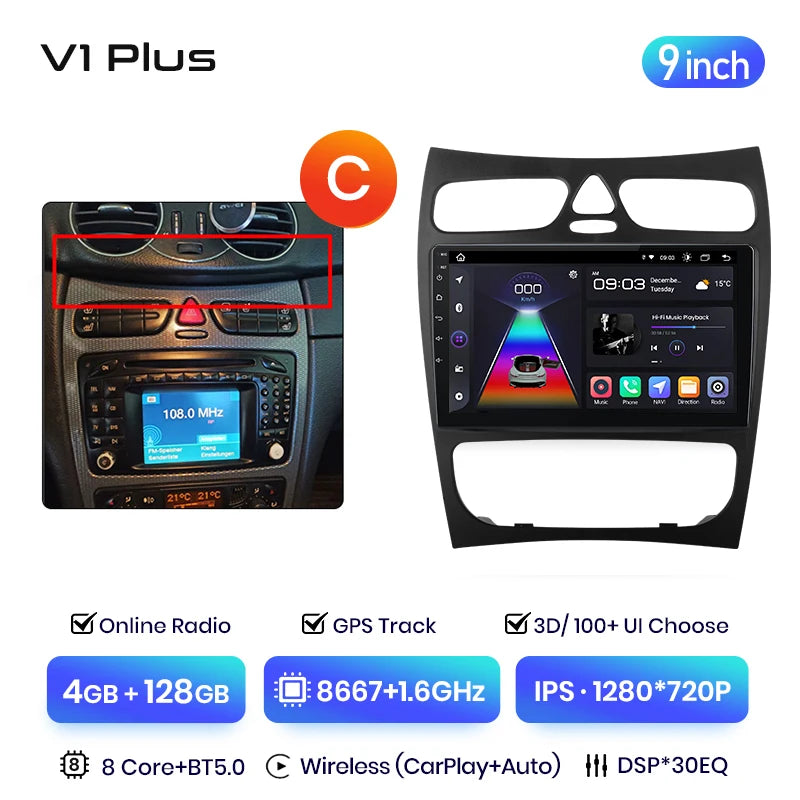 Junsun V3 Plus 2K CarPlay Android Auto Car Intelligent Systems for Mercedes Benz C Class CLK Class W203 W209 S203 A209 2000-2005
