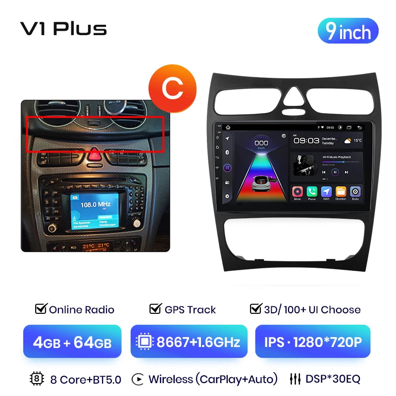 Junsun V3 Plus 2K CarPlay Android Auto Car Intelligent Systems for Mercedes Benz C Class CLK Class W203 W209 S203 A209 2000-2005