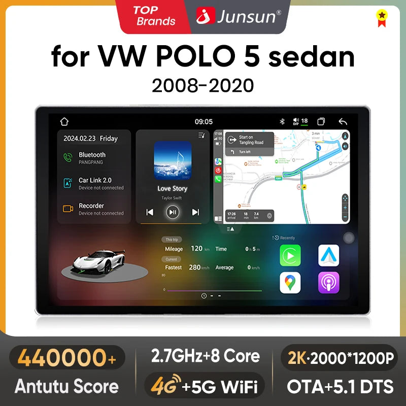 Junsun V3 Plus 2K  Wireless CarPlay Android Auto Car Intelligent Systems For VW Volkswagen POLO 5 sedan 2008-2020 Autoradio