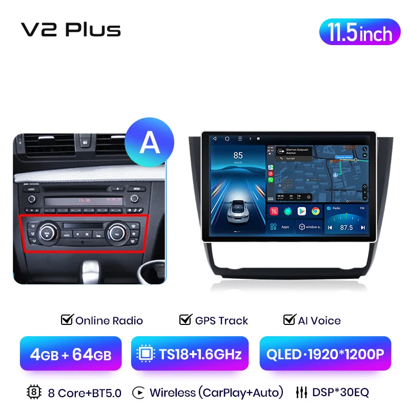 Junsun V3 Plus 2K CarPlay inalámbrico Android Auto Sistemas inteligentes para BMW Serie 1 E87 E81 E82 E88 2004-2011 Autoradio 