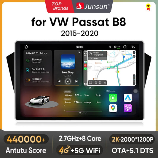 Junsun V3 Plus 2K CarPlay inalámbrico Android Auto Sistemas inteligentes para VW Volkswagen Passat B8 2015-2020 Autoradio 