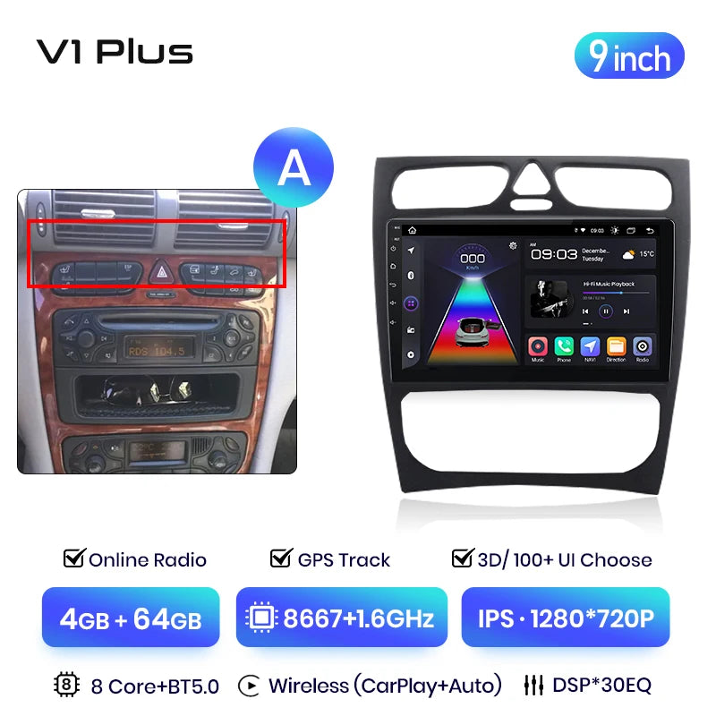 Sistemas inteligentes Junsun V3 Plus 2K CarPlay Android Auto para Mercedes Benz Clase C, CLK, W203, W209, S203, A209 (2000-2005) 