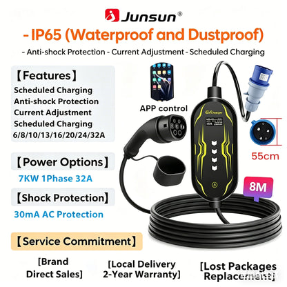 Junsun Type 2 App control Portable EV Charger 6 8 10 13 16 20 24 32A Current Adjustable IP65 Waterproof 3 6KW 7KW Compatible Scheduled Charging Function Touch Button Control Panel 2 Year Warranty for EU Plug Electric Car Hybrid