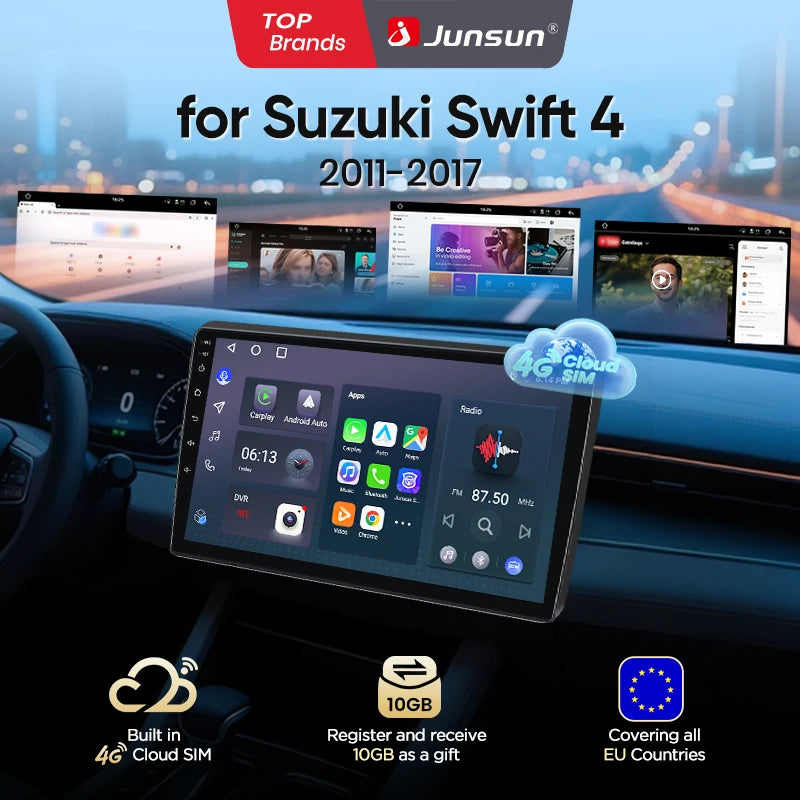 Junsun eSIM Wireless CarPlay Android Auto For Suzuki Swift 4 2011 2012 2013 2014 2015 2016 2017 2 Din Autoradio RDS BT DSP