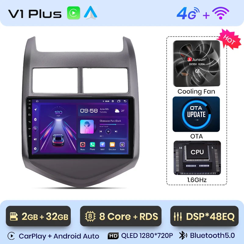 Radio Junsun V1 Plus para Chevrolet Aveo 2 Sonic T300 2011-2015 con CarPlay inalámbrico, Android Auto, 2 DIN, DVD. 