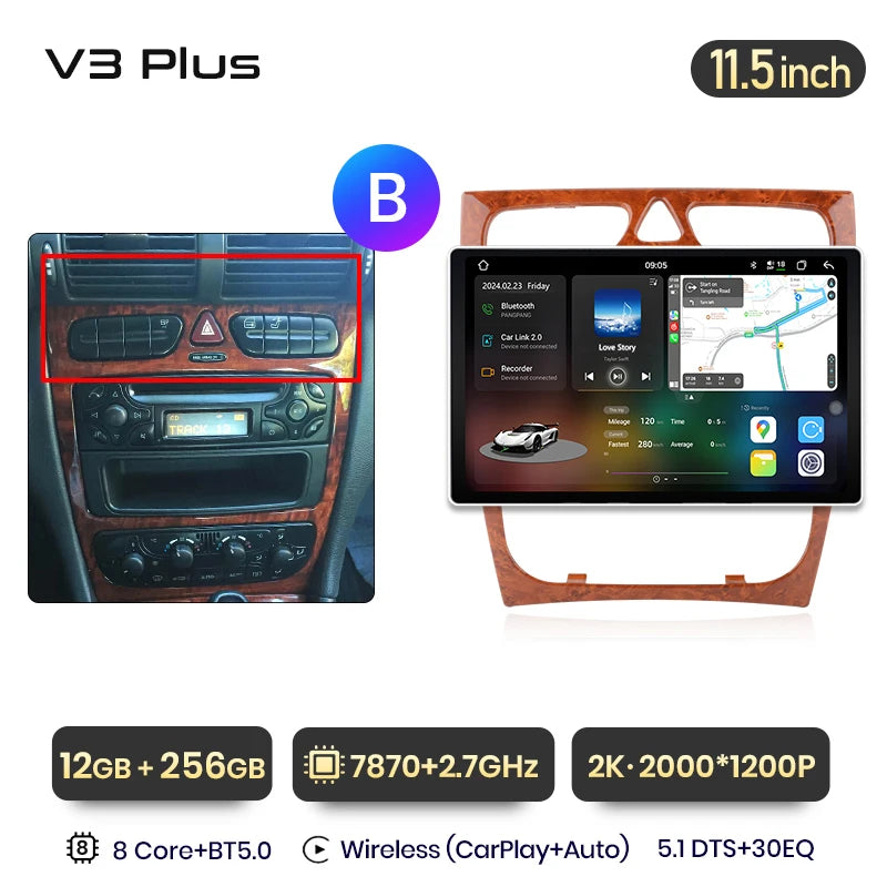 Sistemas inteligentes Junsun V3 Plus 2K CarPlay Android Auto para Mercedes Benz Clase C, CLK, W203, W209, S203, A209 (2000-2005) 