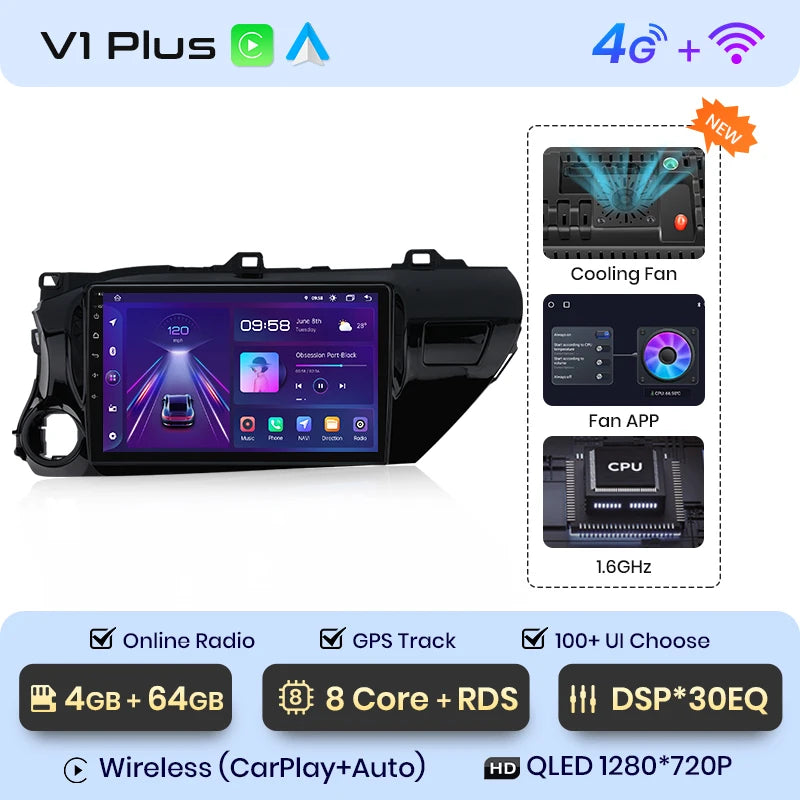 Junsun V1 Plus Car Radio For Toyota Hilux PickUp AN120 2015 - 2020 wireless CarPlay Android Auto No 2 din 2din DVD