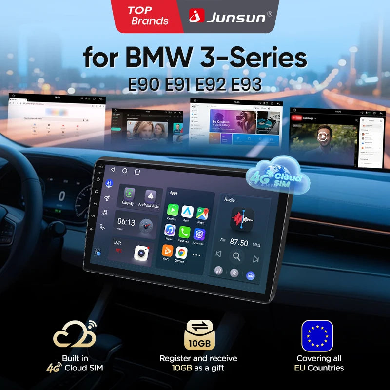 Junsun eSIM Android Wireless CarPlay Auto Car Radio For BMW 3-Series E90 E91 E92 E93 Car Intelligent Systems DSP SWC
