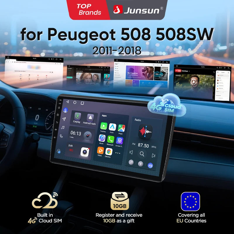 Junsun eSIM Wireless CarPlay Android Auto For Peugeot 508 508SW 2011 2012 2013 2014 2015 2016 -2018 2 Din Autoradio RDS BT DSP