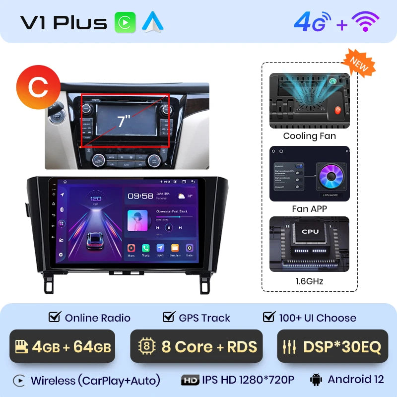 Junsun V1 Drahtloses CarPlay Android Autoradio für Nissan Qashqai J11 X-Trail 3 T32 2013-2017 Auto-Multimedia-GPS 2din Autoradio 
