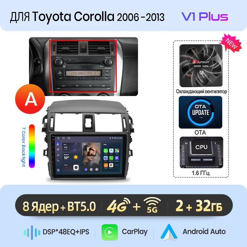 Junsun AI Wireless CarPlay Android Auto Car Radio For Toyota Corolla E140 E150 2006 2007-2013 4G GPS Smart Intelligent Systems