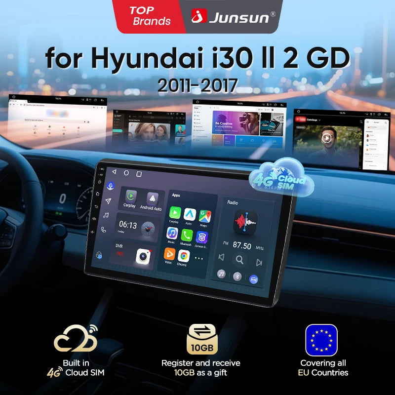 Junsun eSIM Android 14 Wireless CarPlay Android Auto Radio For Hyundai i30 I12 GD 2011-2017 RDS 4G GPS 2din auto accessories