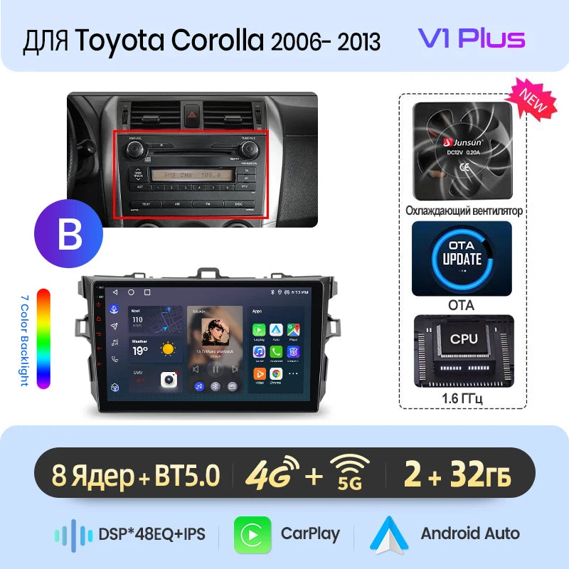 Junsun AI Wireless CarPlay Android Auto Car Radio For Toyota Corolla E140 E150 2006 2007-2013 4G GPS Smart Intelligent Systems