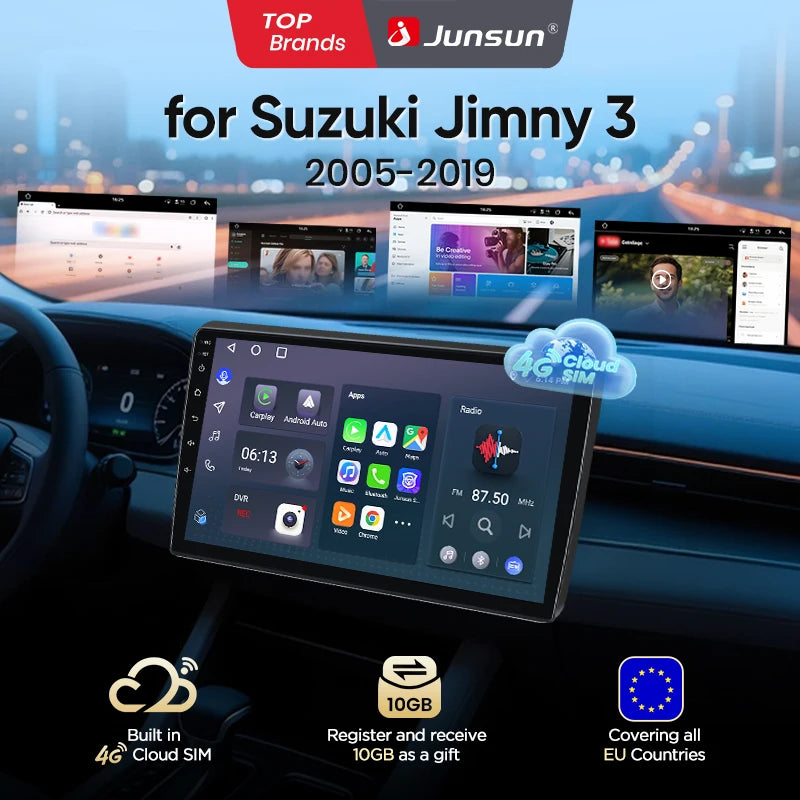 Junsun eSIM Android 14 Wireless CarPlay Android Auto Radio For Suzuki Jimny 3 2005 2006 2007 2008 2009-2019 2din accessories