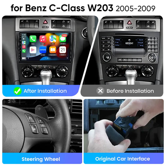 Junsun eSIM Android 14 Wireless CarPlay For Benz C-Class W203 2005 2006 2007 2008 2009 GPS 4G Multimedia Stereo accessories