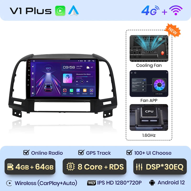 Junsun V1pro AI Voice 2 din Android Auto Radio For Hyundai Santa Fe 2 2006-2012 Carplay 4G Car Multimedia GPS 2din autoradio