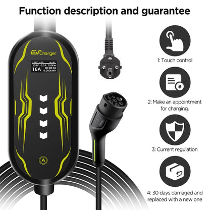 Junsun Type 2 App control Portable EV Charger 6 8 10 13 16 20 24 32A Current Adjustable IP65 Waterproof 3 6KW 7KW Compatible Scheduled Charging Function Touch Button Control Panel 2 Year Warranty for EU Plug Electric Car Hybrid