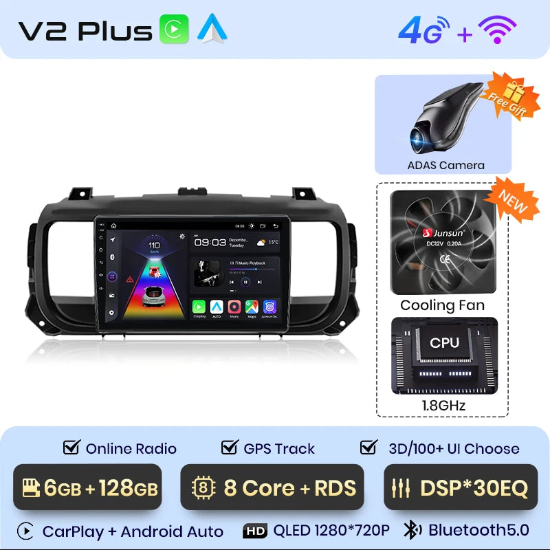Junsun Car Radio For Peugeot Expert 3 Citroen Jumpy 3 SpaceTourer 2016 - 2021 wireless CarPlay Android Auto No 2 din 2din DVD