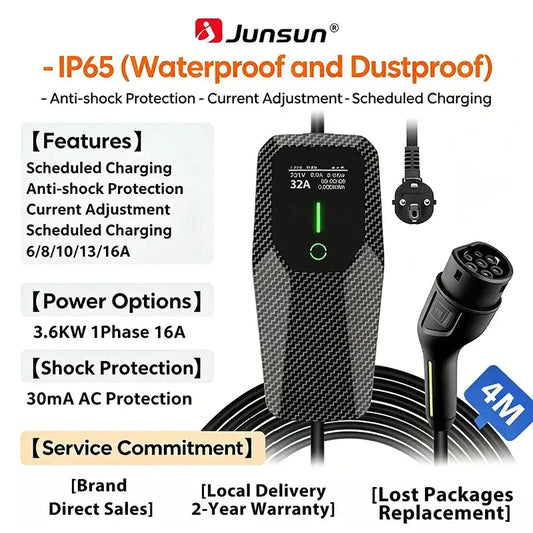 Junsun Type 2 Portable EV Charger 6A 8A 10A 13A 16A 20A 24A 32A Current Adjustable IP65 1 & 3 Phase Waterproof 3 6KW 7KW 11KW 22KW Compatible Scheduled Charging Function Touch Button Control Panel 2 Year Warranty for EU Plug Electric Car Hybrid - Junsun Official Store