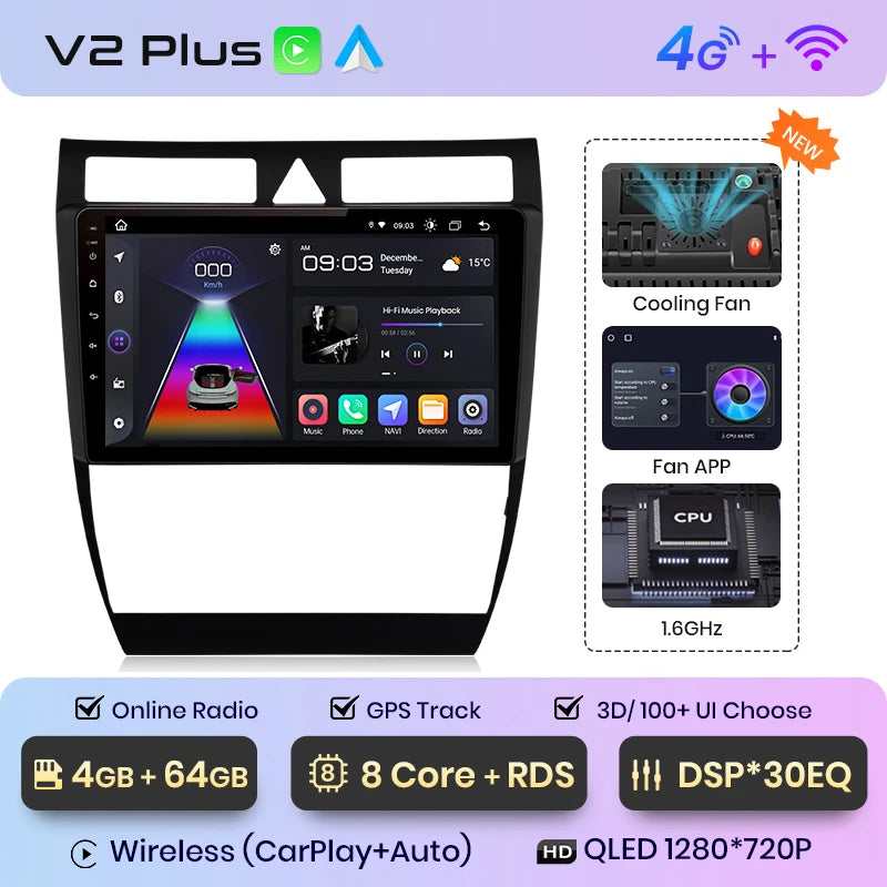 Junsun V1 AI Stimme Drahtlose CarPlay Android Auto Radio Für Audi A6 C5 1997-2004 S6 RS6 4G Auto Multimedia GPS 2din autoradio 