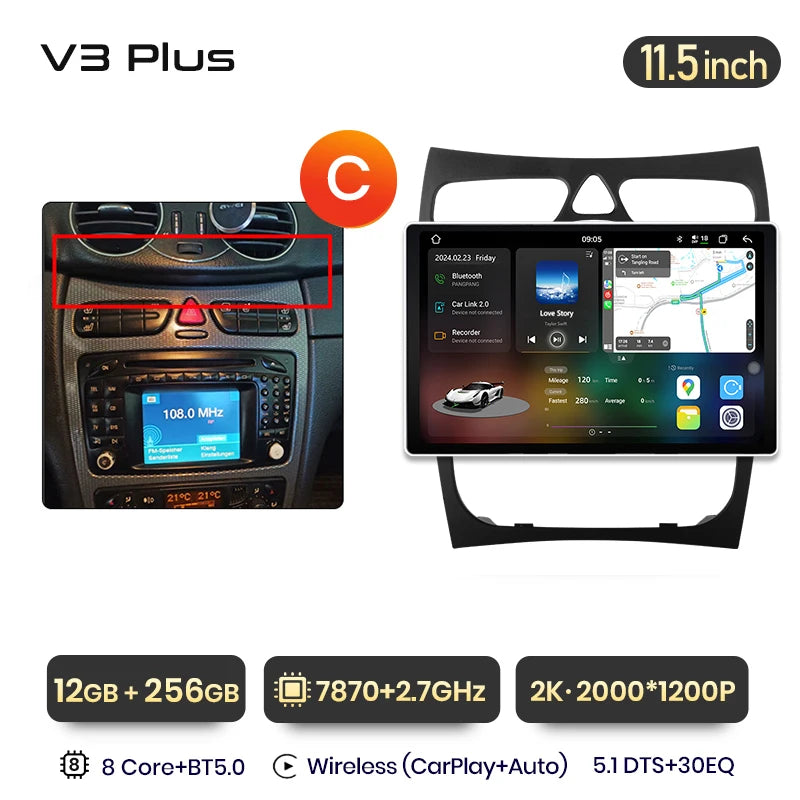 Sistemas inteligentes Junsun V3 Plus 2K CarPlay Android Auto para Mercedes Benz Clase C, CLK, W203, W209, S203, A209 (2000-2005) 