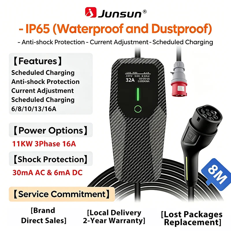 Junsun Type 2 Portable EV Charger 6A 8A 10A 13A 16A 20A 24A 32A Current Adjustable IP65 1 & 3 Phase Waterproof 3 6KW 7KW 11KW 22KW Compatible Scheduled Charging Function Touch Button Control Panel 2 Year Warranty for EU Plug Electric Car Hybrid