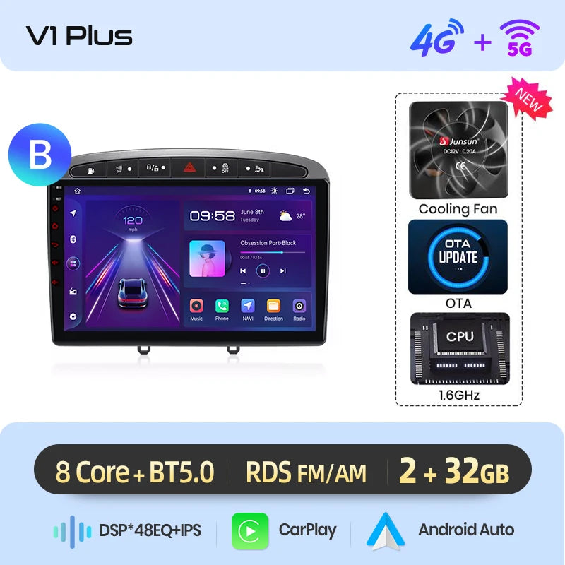 Junsun Android Wireless CarPlay Auto Car Radio For Peugeot 308 308SW 408 2012-2020 Car Intelligent Systems DSP SWC RDS GPS FM BT
