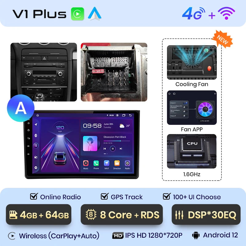 Junsun V1 AI Voice Wireless CarPlay Android Auto Radio For Audi A4 B6 2000-2009 Car Multimedia GPS 2din autoradio